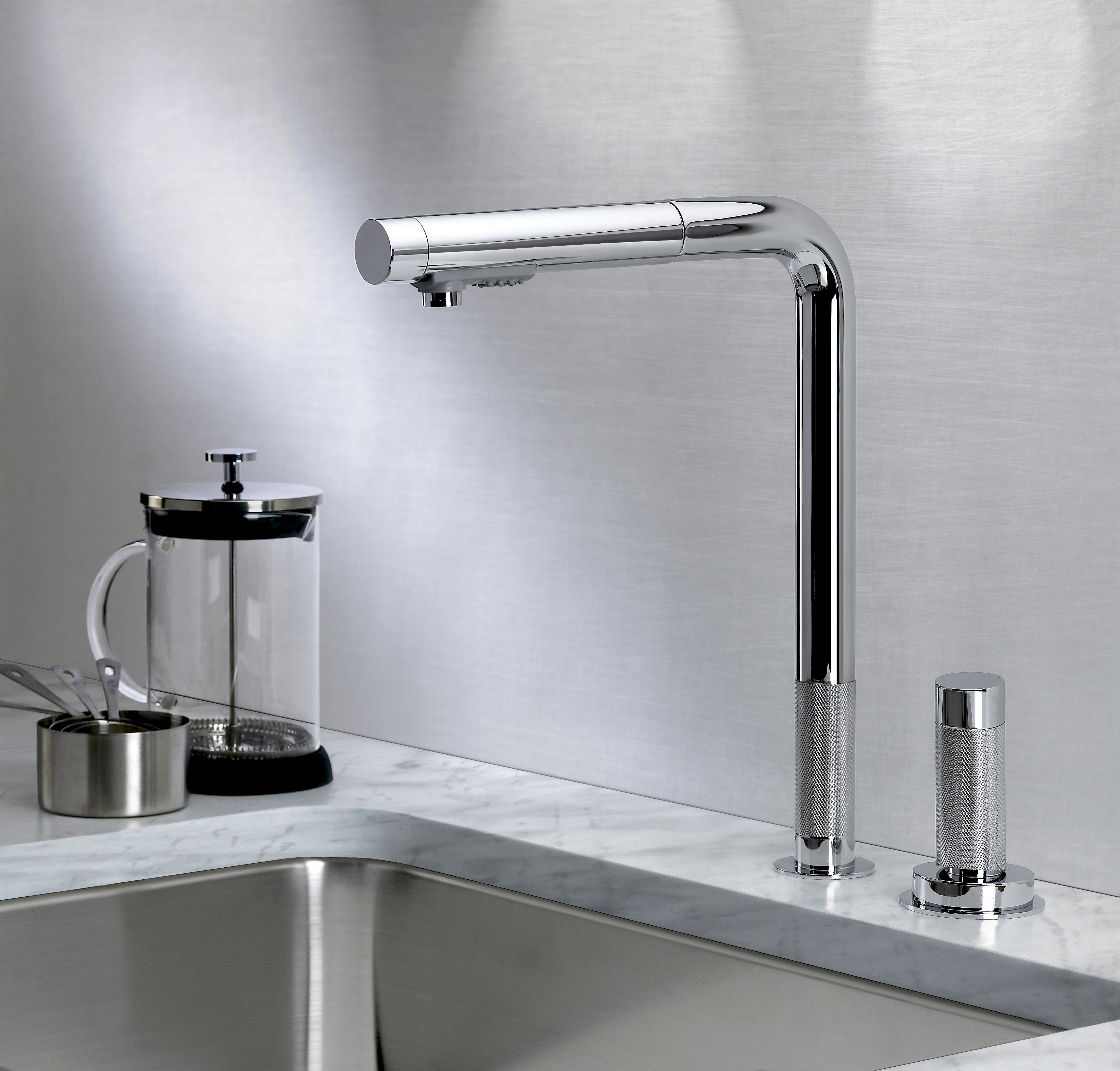 Watermark TOD kitchen faucet with diamond knurl handle, stainless finish