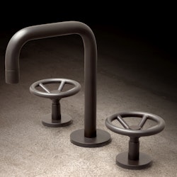 Watermark Brooklyn faucet with gate-valve-inspired handles in brushed brass