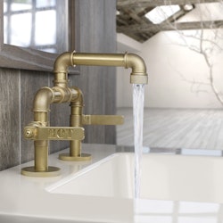 Watermark Elan Vital faucet with parts reminiscent of commercial ball valves and plumbing unions.