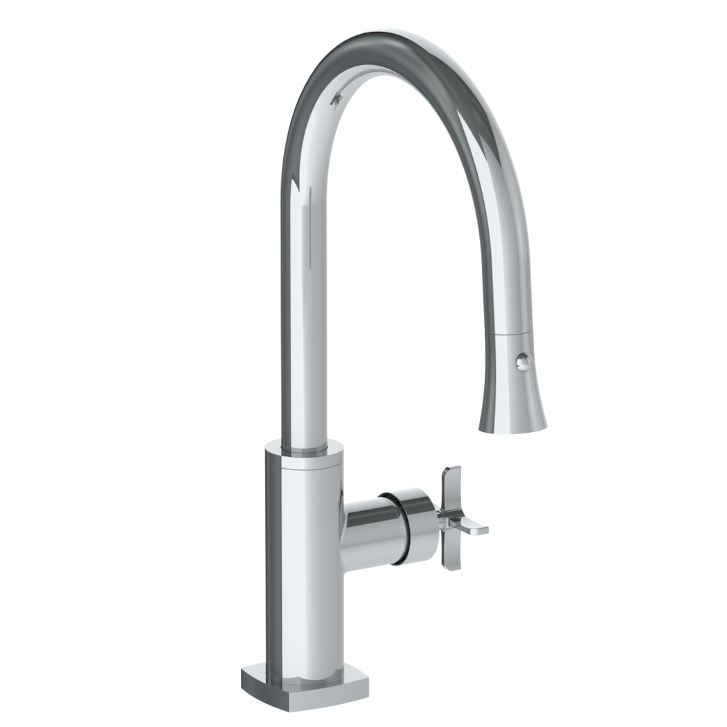 Deck Mounted 1 Hole Gooseneck Kitchen Faucet with Pull Down Spray